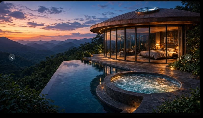 Toroidal Field Sanctuary — estate vision at dusk overlooking the valley