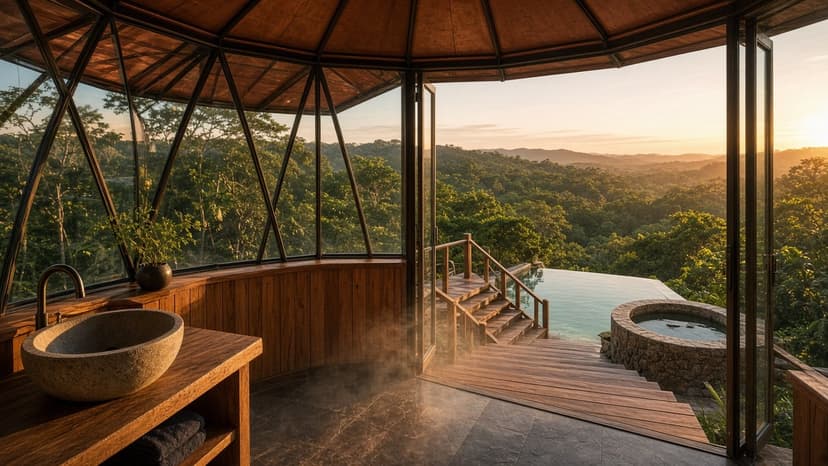 Toroidal Field Sanctuary — evening spa to water estate vision